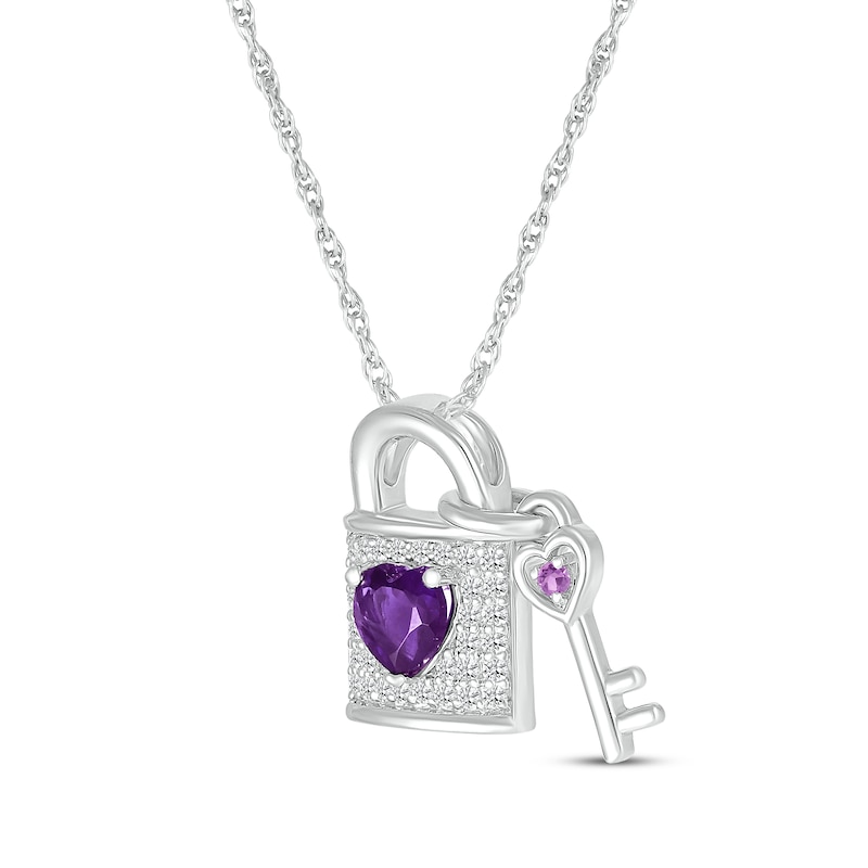 Main Image 2 of Heart-Shaped Amethyst & White Lab-Created Sapphire Lock & Key Necklace Sterling Silver 18&quot;