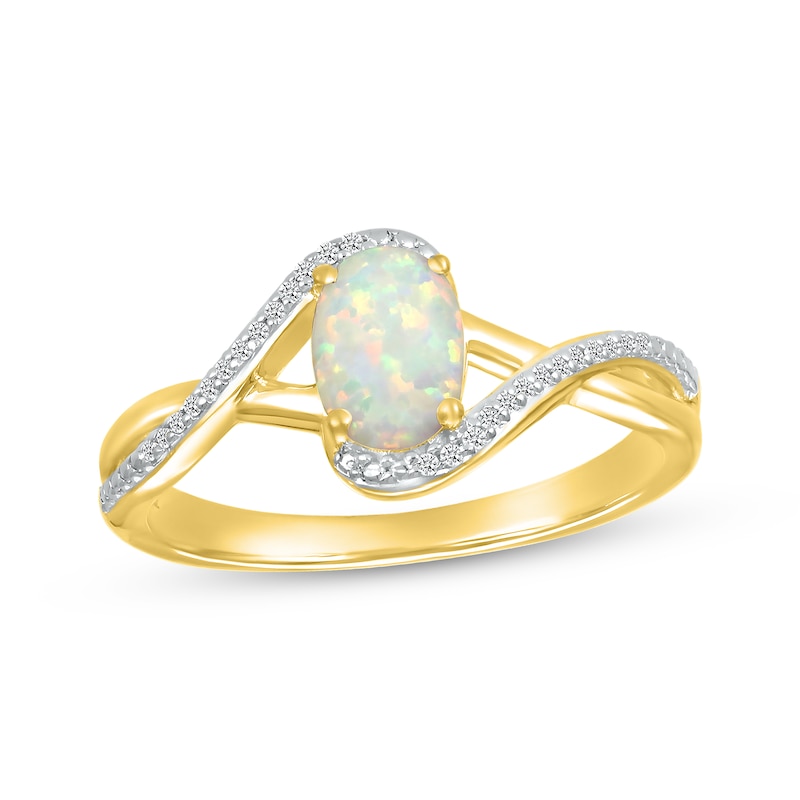 Main Image 1 of Oval-Cut Lab-Created Opal & Diamond Bypass Ring 1/20 ct tw 10K Yellow Gold