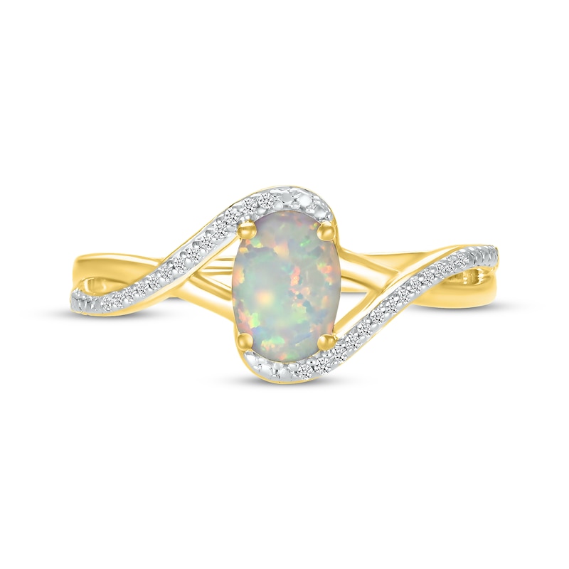 Main Image 3 of Oval-Cut Lab-Created Opal & Diamond Bypass Ring 1/20 ct tw 10K Yellow Gold