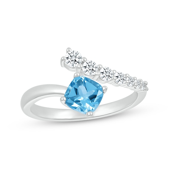 Cushion-Cut Swiss Blue Topaz & White Lab-Created Sapphire Bypass Ring Sterling Silver