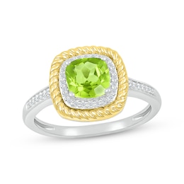 Cushion-Cut Peridot & Diamond Ring 1/10 ct tw Sterling Silver & 10K Yellow Gold