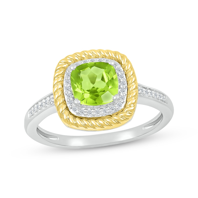 Main Image 1 of Cushion-Cut Peridot & Diamond Ring 1/10 ct tw Sterling Silver & 10K Yellow Gold