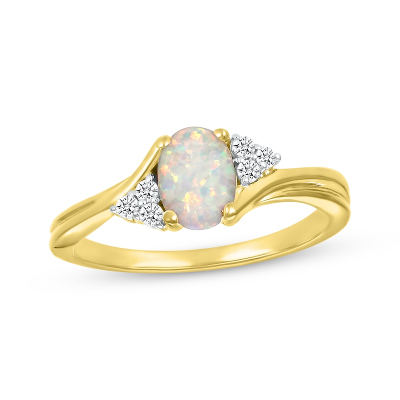 Main Image 1 of Oval-Cut Opal & Diamond Trios Bypass Ring 1/10 ct tw 10K Yellow Gold