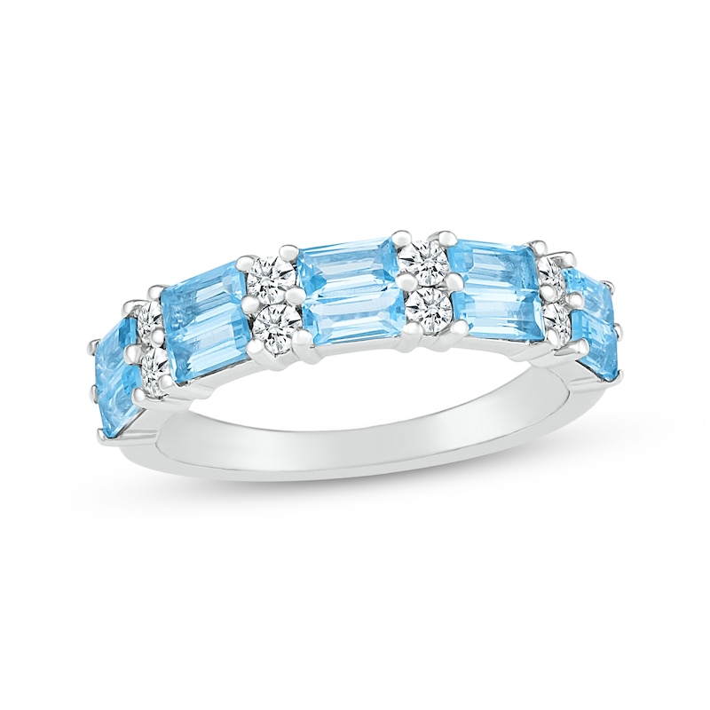 Main Image 1 of Baguette-Cut Swiss Blue Topaz & White Lab-Created Sapphire Stacked Ring Sterling Silver