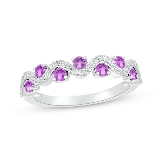Amethyst & Diamond Wavy Ring 1/8 ct tw Sterling Silver Size 7