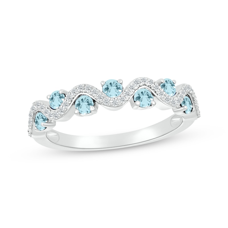 Main Image 1 of Aquamarine & Diamond Wavy Ring 1/8 ct tw Sterling Silver Size 7