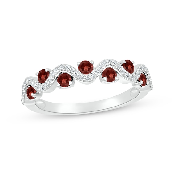 Garnet & Diamond Wavy Ring 1/8 ct tw Sterling Silver Size 7