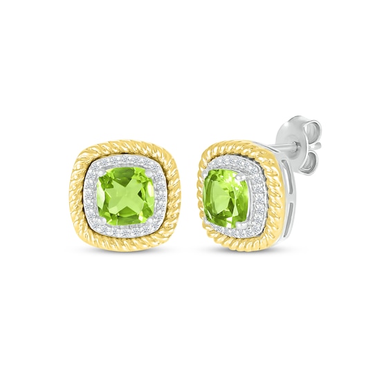Cushion-Cut Peridot & Diamond Earrings 1/10 ct tw Sterling Silver & 10K Yellow Gold