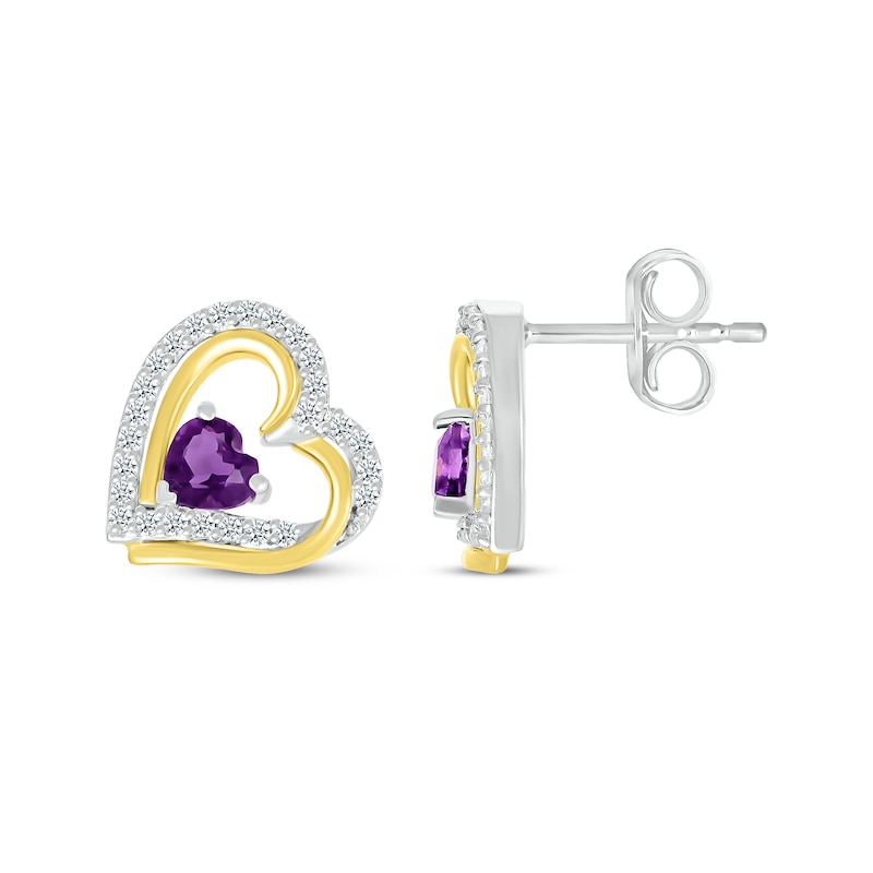 Main Image 3 of Heart-Shaped Amethyst & White Lab-Created Sapphire Heart Earrings Sterling Silver & 10K Yellow Gold