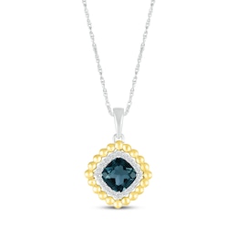 Cushion-Cut London Blue Topaz & White Lab-Created Sapphire Beaded Necklace Sterling Silver & 10K Yellow Gold 18"