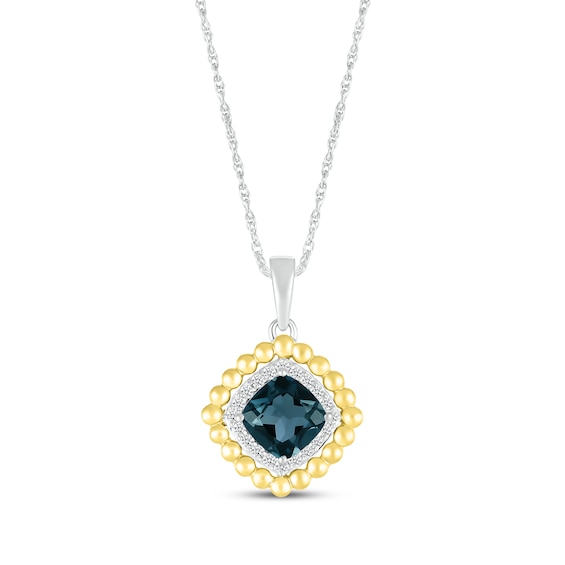 Cushion-Cut London Blue Topaz & White Lab-Created Sapphire Beaded Necklace Sterling Silver & 10K Yellow Gold 18"