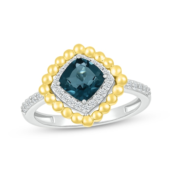 Cushion-Cut London Blue Topaz & White Lab-Created Sapphire Beaded Ring Sterling Silver & 10K Yellow Gold
