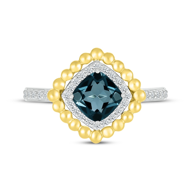 Main Image 3 of Cushion-Cut London Blue Topaz & White Lab-Created Sapphire Beaded Ring Sterling Silver & 10K Yellow Gold