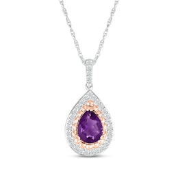 Pear-Shaped Amethyst & White Lab-Created Sapphire Teardrop Necklace Sterling Silver & 10K Rose Gold 18"
