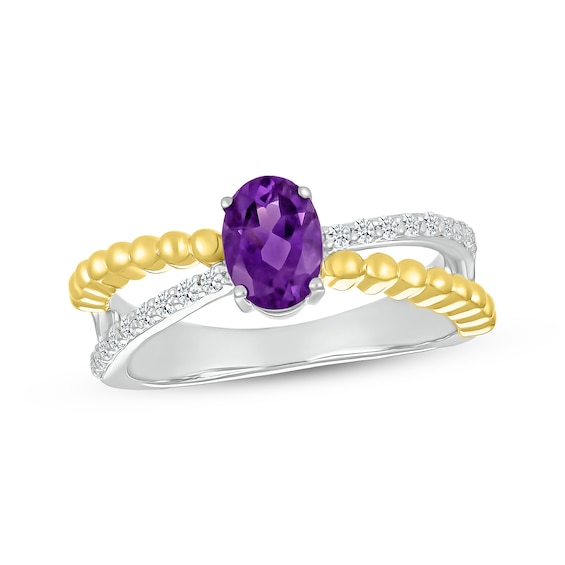 Oval-Cut Amethyst & White Lab-Created Sapphire Beaded Ring Sterling Silver & 10K Yellow Gold