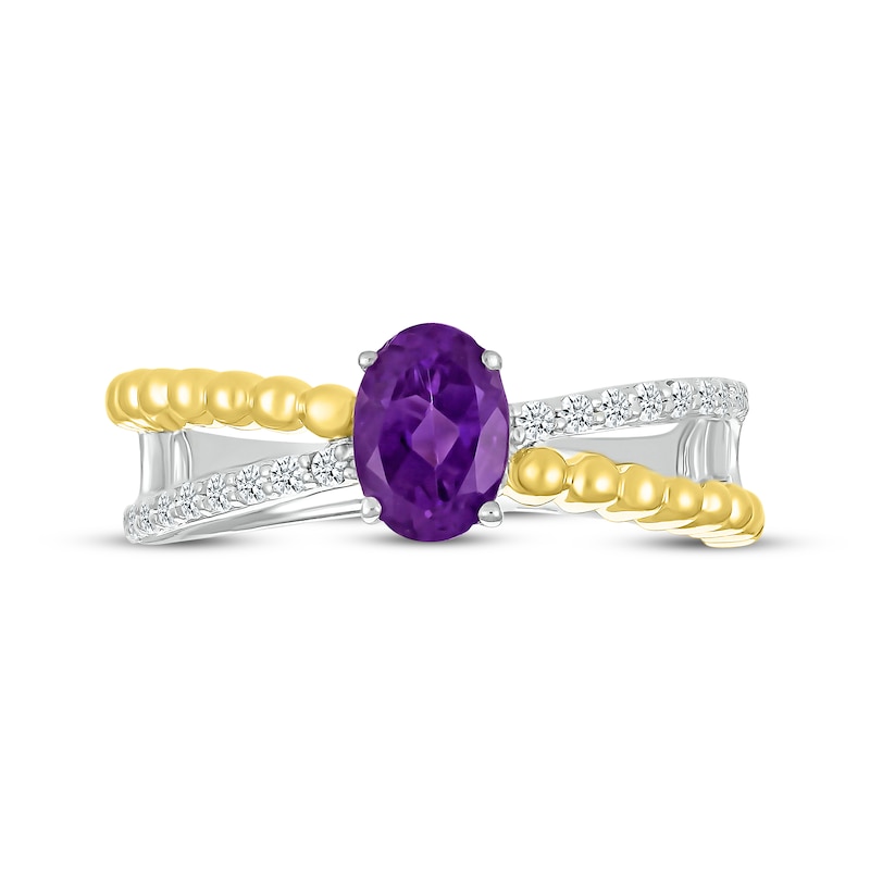 Main Image 3 of Oval-Cut Amethyst & White Lab-Created Sapphire Beaded Ring Sterling Silver & 10K Yellow Gold