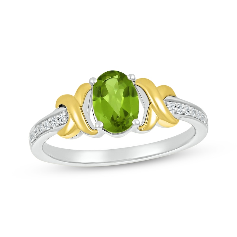 Main Image 1 of Oval-Cut Peridot & White Lab-Created Sapphire XO Ring Sterling Silver & 10K Yellow Gold