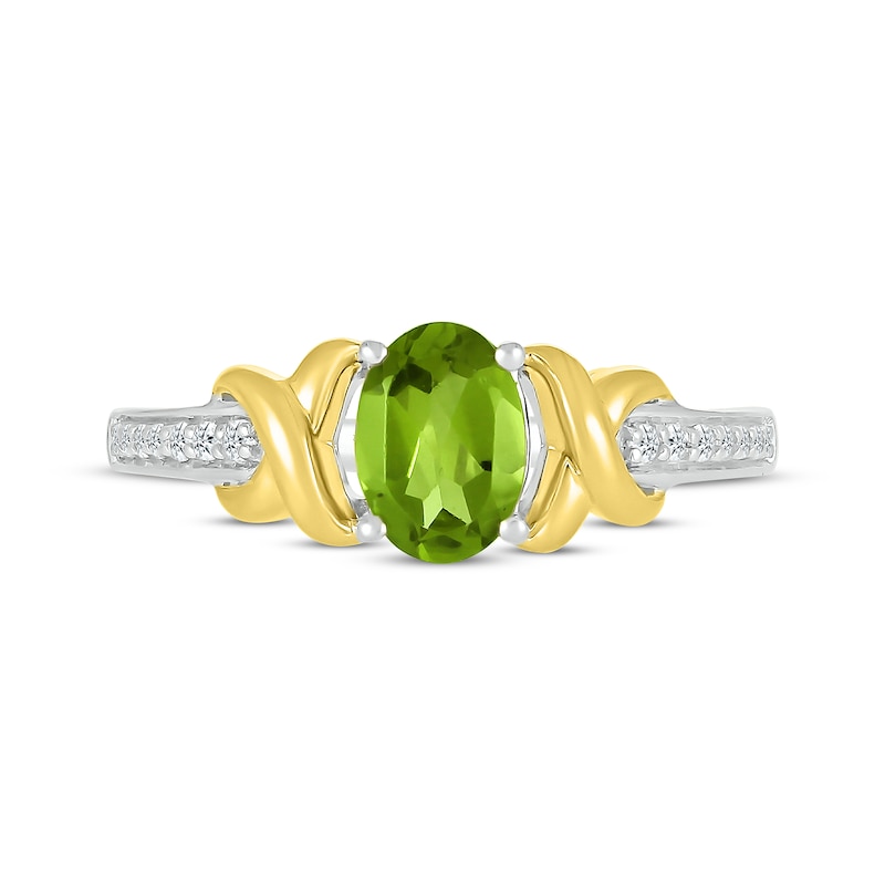 Main Image 3 of Oval-Cut Peridot & White Lab-Created Sapphire XO Ring Sterling Silver & 10K Yellow Gold