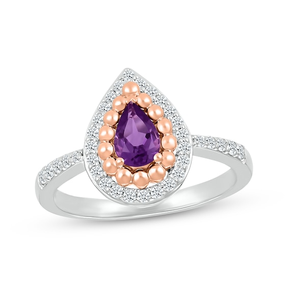 Pear-Shaped Amethyst & White Lab-Created Sapphire Beaded Ring Sterling Silver & 10K Rose Gold
