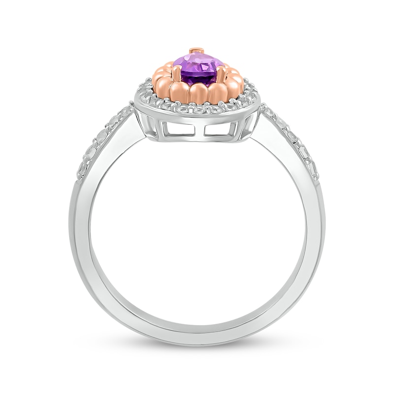 Main Image 2 of Pear-Shaped Amethyst & White Lab-Created Sapphire Beaded Ring Sterling Silver & 10K Rose Gold
