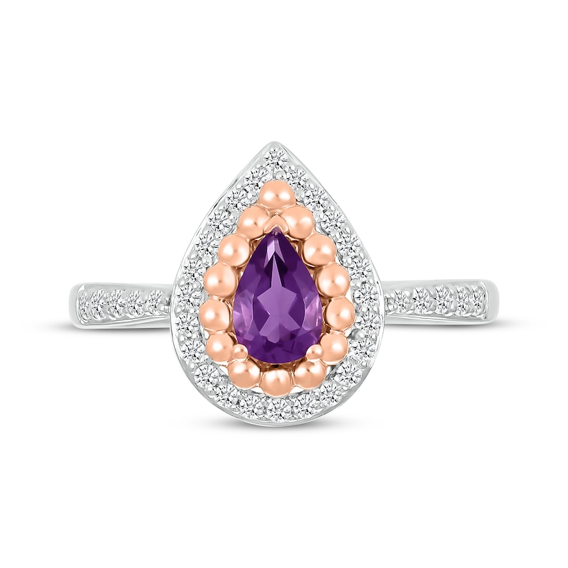 Pear-Shaped Amethyst & White Lab-Created Sapphire Beaded Ring Sterling Silver & 10K Rose Gold