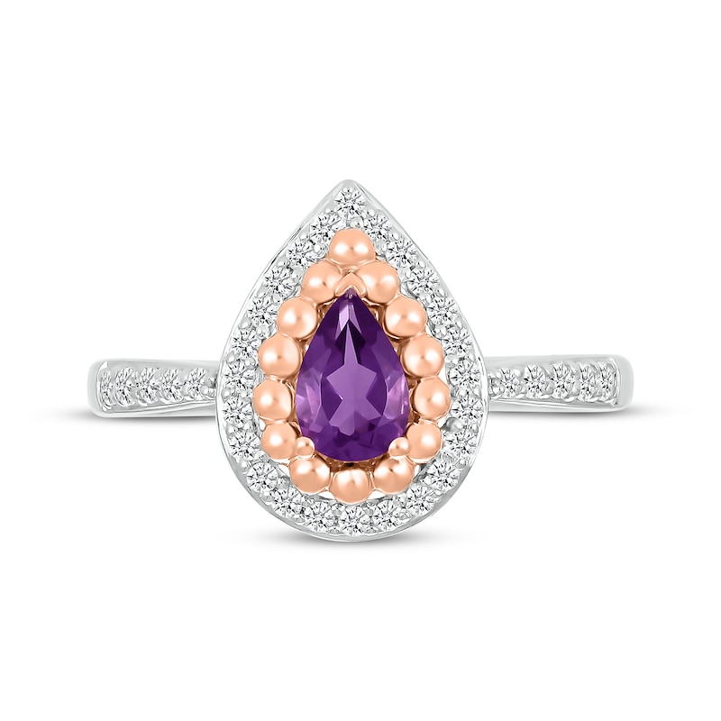 Main Image 3 of Pear-Shaped Amethyst & White Lab-Created Sapphire Beaded Ring Sterling Silver & 10K Rose Gold