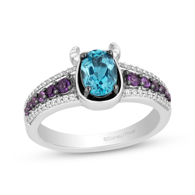 Disney Treasures Monsters, Inc. "Sulley" Oval-Cut Swiss Blue Topaz, Amethyst & Diamond Ring 1/10 ct tw Sterling Silver