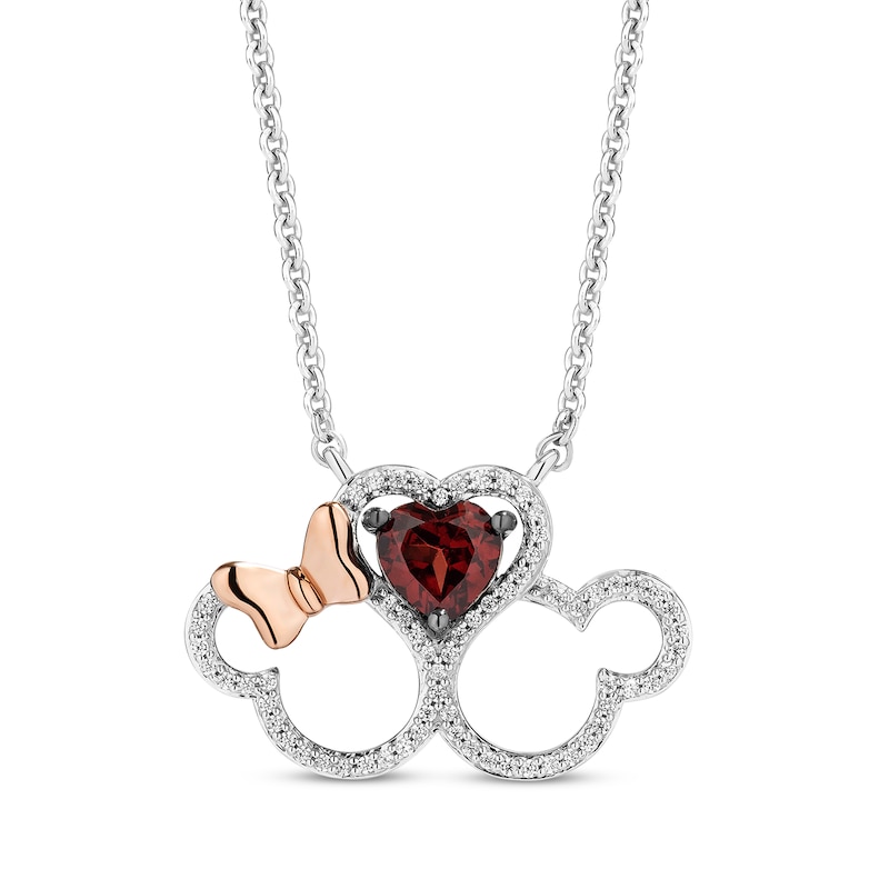 Disney Treasures Mickey & Minnie Mouse Garnet & Diamond Necklace 1/8 ct tw Sterling Silver & 10K Rose Gold 18"