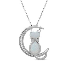 Pear-Shaped & Oval-Cut Lab-Created Opal & White Lab-Created Sapphire Cat Necklace Sterling Silver 18"