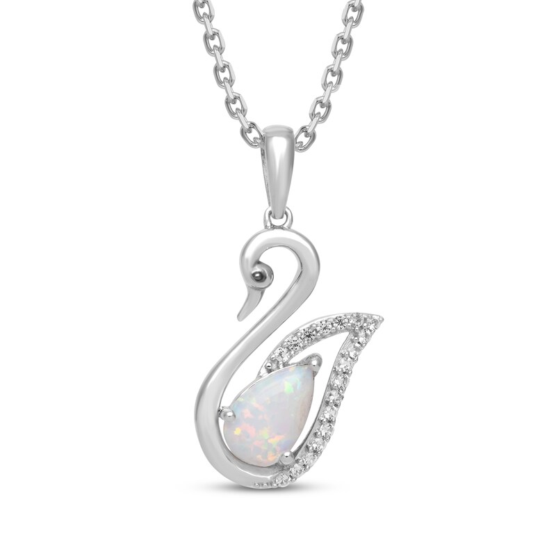 Main Image 1 of Pear-Shaped Lab-Created Opal & White Lab-Created Sapphire Swan Necklace Sterling Silver 18&quot;