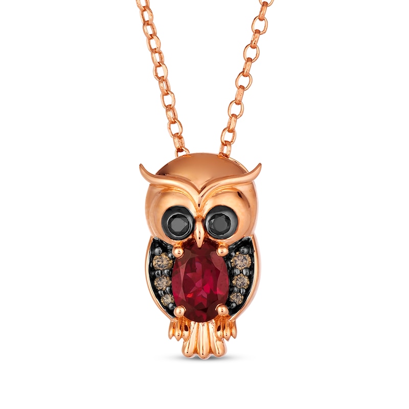Le Vian Garden Party Garnet Owl Necklace 1/6 ct tw Diamonds 14K Strawberry Gold 19"
