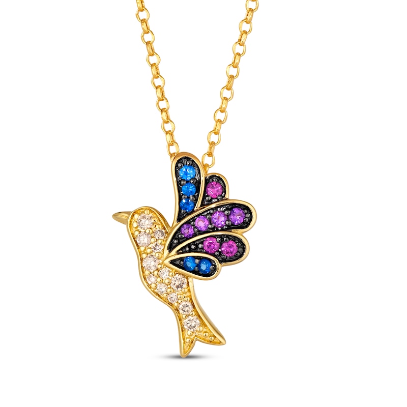 Main Image 1 of Le Vian Garden Party Sapphire, Amethyst & Garnet Songbird Necklace 1/6 ct tw Diamonds 14K Honey Gold 19&quot;