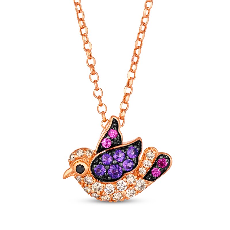 Main Image 1 of Le Vian Garden Party Amethyst & Garnet Songbird Necklace 1/4t tw Diamonds 14K Strawberry Gold 19"