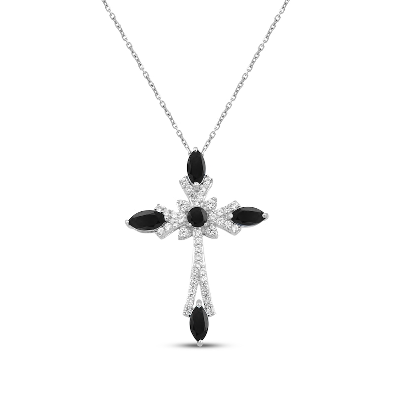 Marquise & Round-Cut Black Onyx & White Lab-Created Sapphire Cross Necklace Sterling Silver 18"