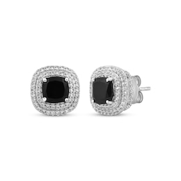 Cushion-Cut Black Onyx & White Lab-Created Sapphire Earrings Sterling Silver