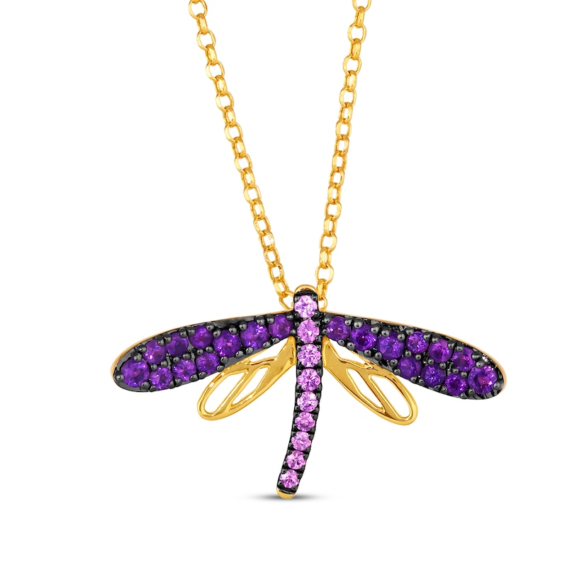 Main Image 1 of Le Vian Garden Party Collection Amethyst & Pink Sapphire Dragonfly Necklace 14K Honey Gold 19&quot;