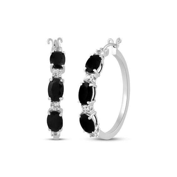 Oval-Cut Black Onyx & White Lab-Created Sapphire Hoop Earrings Sterling Silver