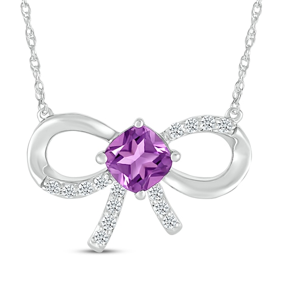 Cushion-Cut Amethyst & White Lab-Created Sapphire Bow Necklace Sterling Silver 18"