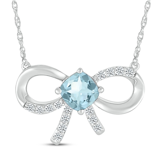 Cushion-Cut Aquamarine & White Lab-Created Sapphire Bow Necklace Sterling Silver 18"