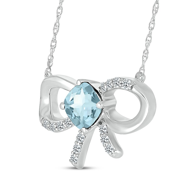Main Image 2 of Cushion-Cut Aquamarine & White Lab-Created Sapphire Bow Necklace Sterling Silver 18"