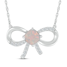 Cushion-Cut Lab-Created Opal & White Lab-Created Sapphire Bow Necklace Sterling Silver 18"