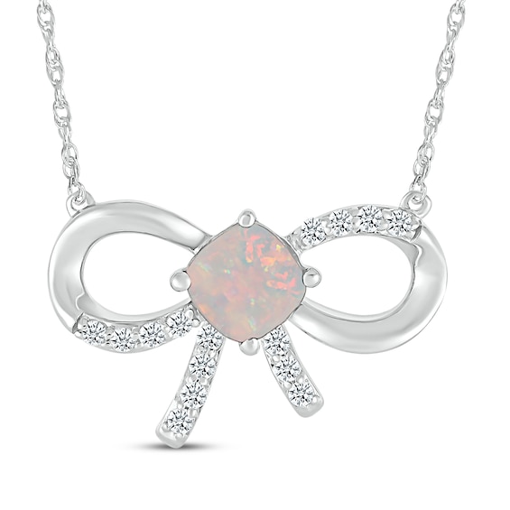 Cushion-Cut Lab-Created Opal & White Lab-Created Sapphire Bow Necklace Sterling Silver 18"