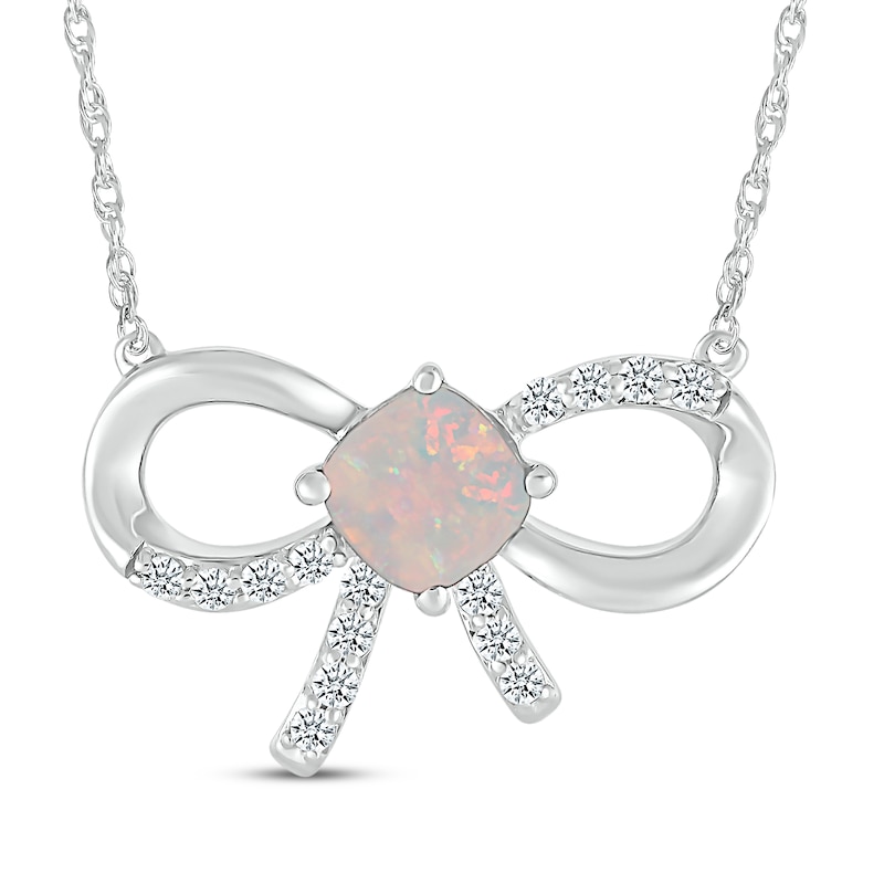Main Image 1 of Cushion-Cut Lab-Created Opal & White Lab-Created Sapphire Bow Necklace Sterling Silver 18"