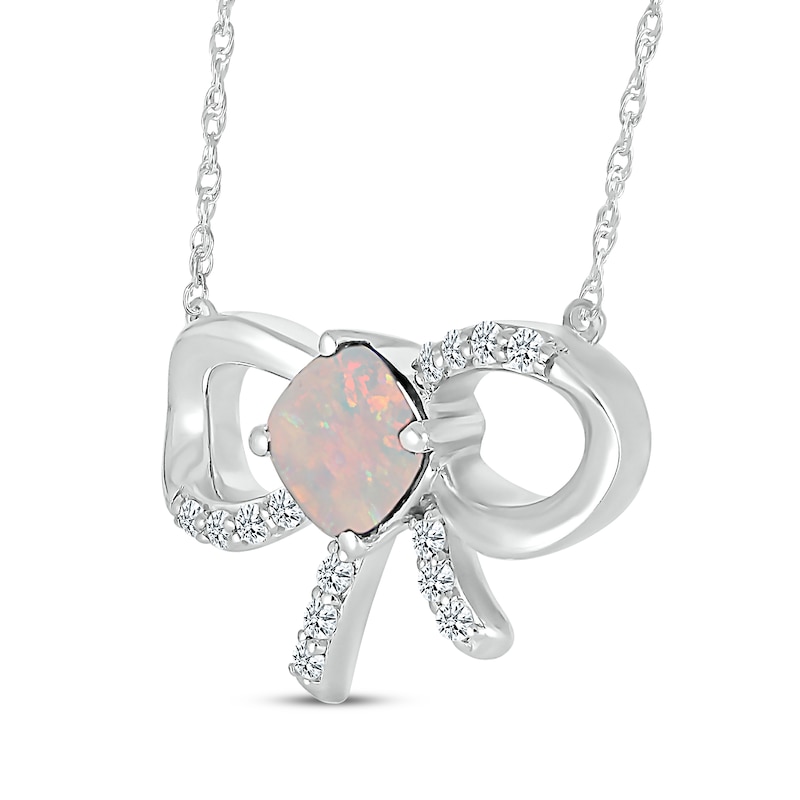 Main Image 2 of Cushion-Cut Lab-Created Opal & White Lab-Created Sapphire Bow Necklace Sterling Silver 18"