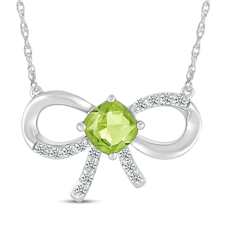 Main Image 1 of Cushion-Cut Peridot & White Lab-Created Sapphire Bow Necklace Sterling Silver 18&quot;