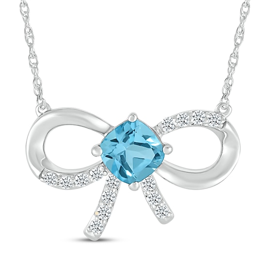 Cushion-Cut Swiss Blue Topaz & White Lab-Created Sapphire Bow Necklace Sterling Silver 18"