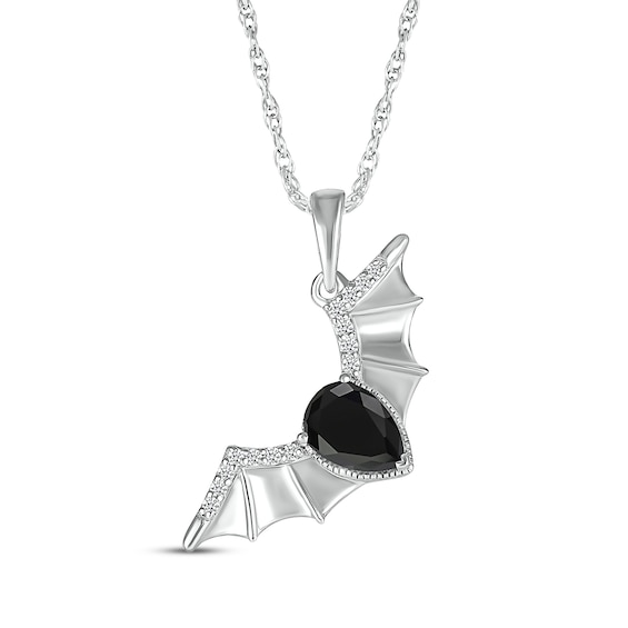 Pear-Shaped Black Spinel & White Lab-Created Sapphire Flying Bat Necklace Sterling Silver 18"