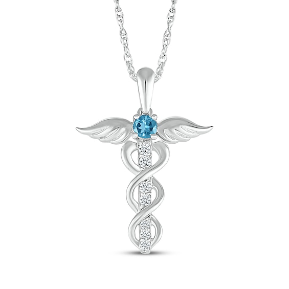 Swiss Blue Topaz & White Lab-Created Sapphire Caduceus Necklace Sterling Silver 18"