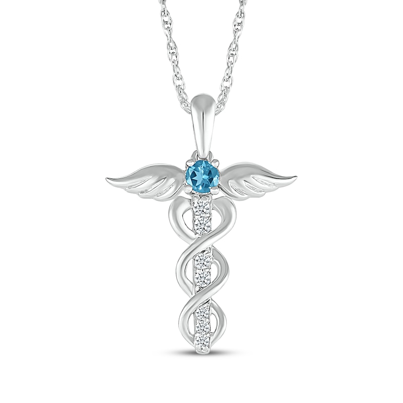 Main Image 1 of Swiss Blue Topaz & White Lab-Created Sapphire Caduceus Necklace Sterling Silver 18&quot;