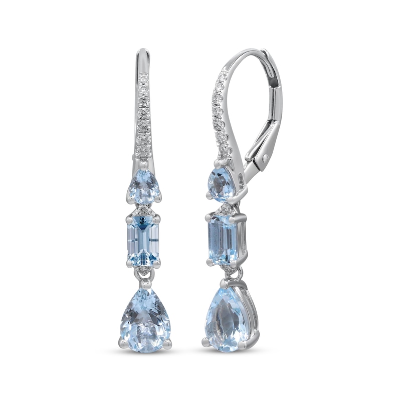 Main Image 1 of Pear-Shaped & Emerald-Cut Aquamarine & Diamond Drop Earrings 1/8 ct tw 10K White Gold
